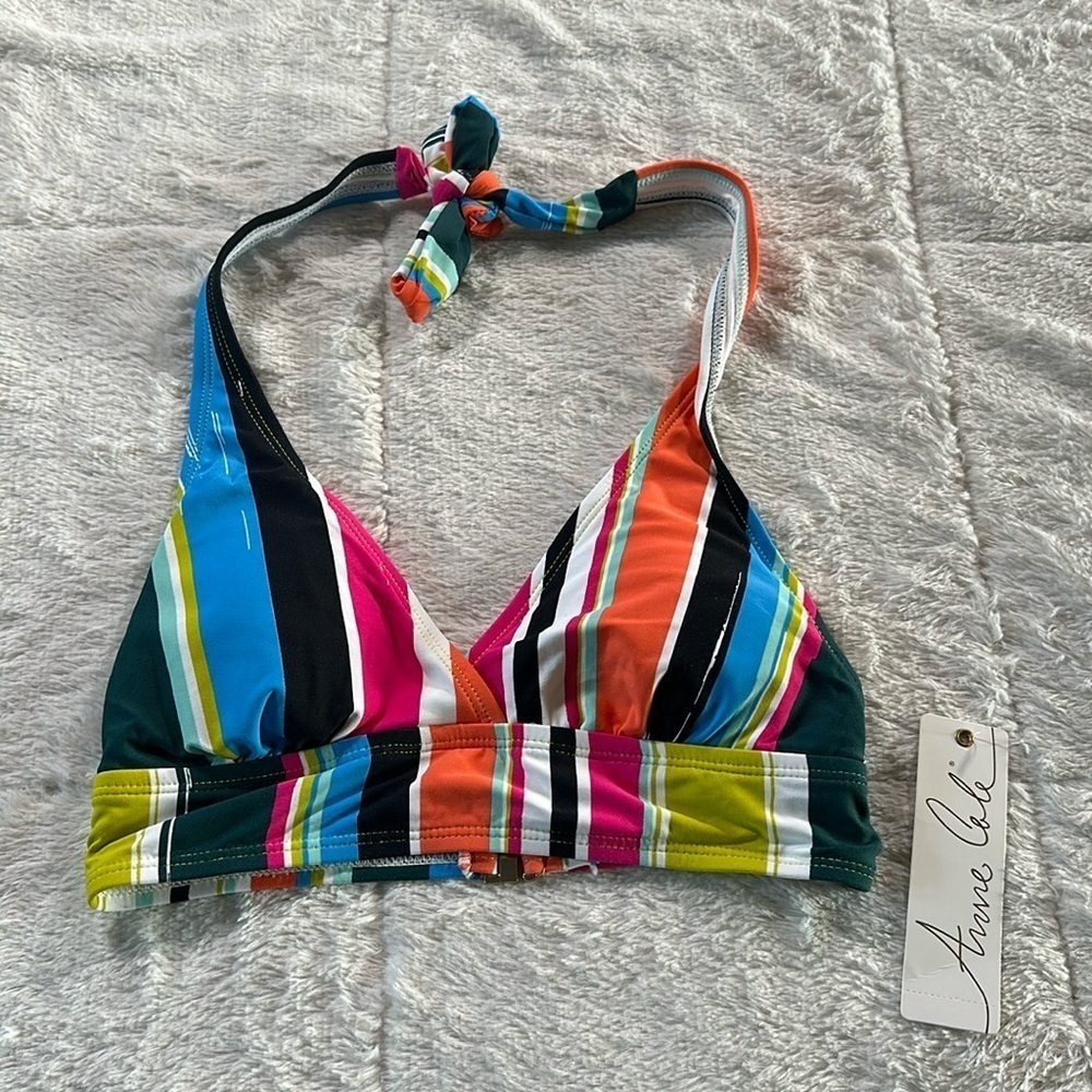 Anne Cole Women's Multi Color Colorblocked Stripe Tie Halter Swimsuit Top XS - Picture 3 of 13